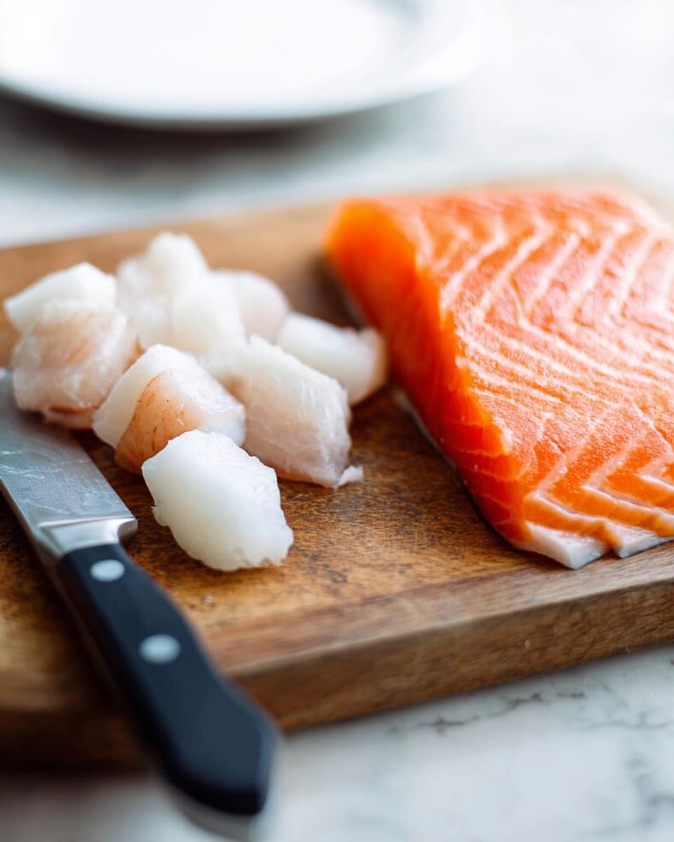 A wooden cutting board sits on a white marbled surface, holding a fresh orange slice of raw salmon fillet on the right side and several small white chunks of fish on the upper side. A shiny silver knife with a black handle rests diagonally across the lower left of the board, with its blade near the white fish pieces. The image is focused on the fish and knife, with a blurred white plate visible in the background. photo taken with an iphone --ar 4:5 --v 7