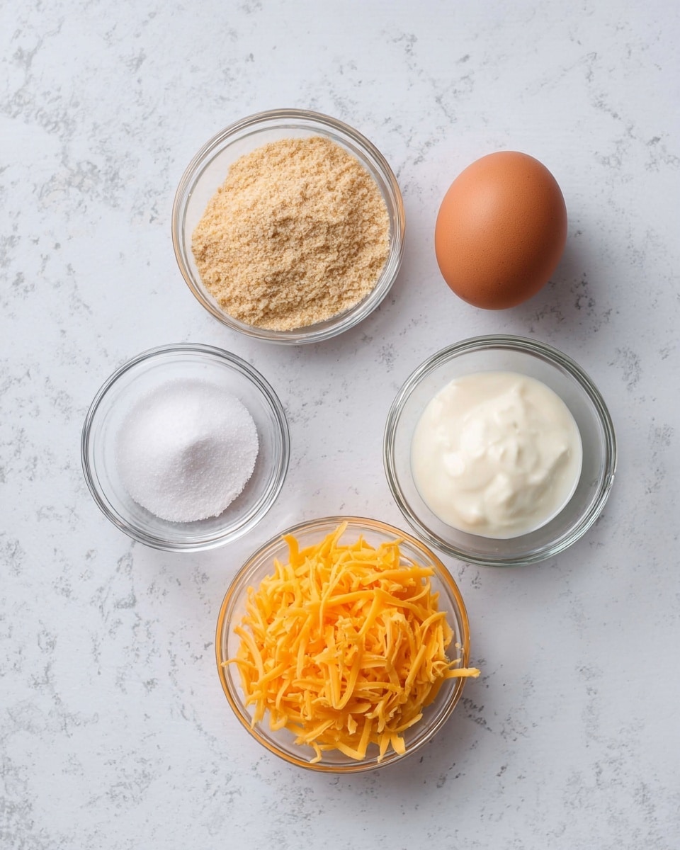 The image shows five ingredients arranged on a white marbled surface: a whole brown egg in the center, a small glass bowl of light brown almond flour at the top, a small glass bowl of white yogurt or sour cream to the right, a small glass bowl of bright orange shredded cheddar cheese at the bottom, and a very small glass bowl of white baking soda and salt to the left. All items are placed neatly with clear glass bowls giving a clean and simple look. Photo taken with an iphone --ar 4:5 --v 7