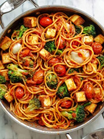 Halloumi Pasta with Cherry Tomatoes, Olives, and Basil Recipe