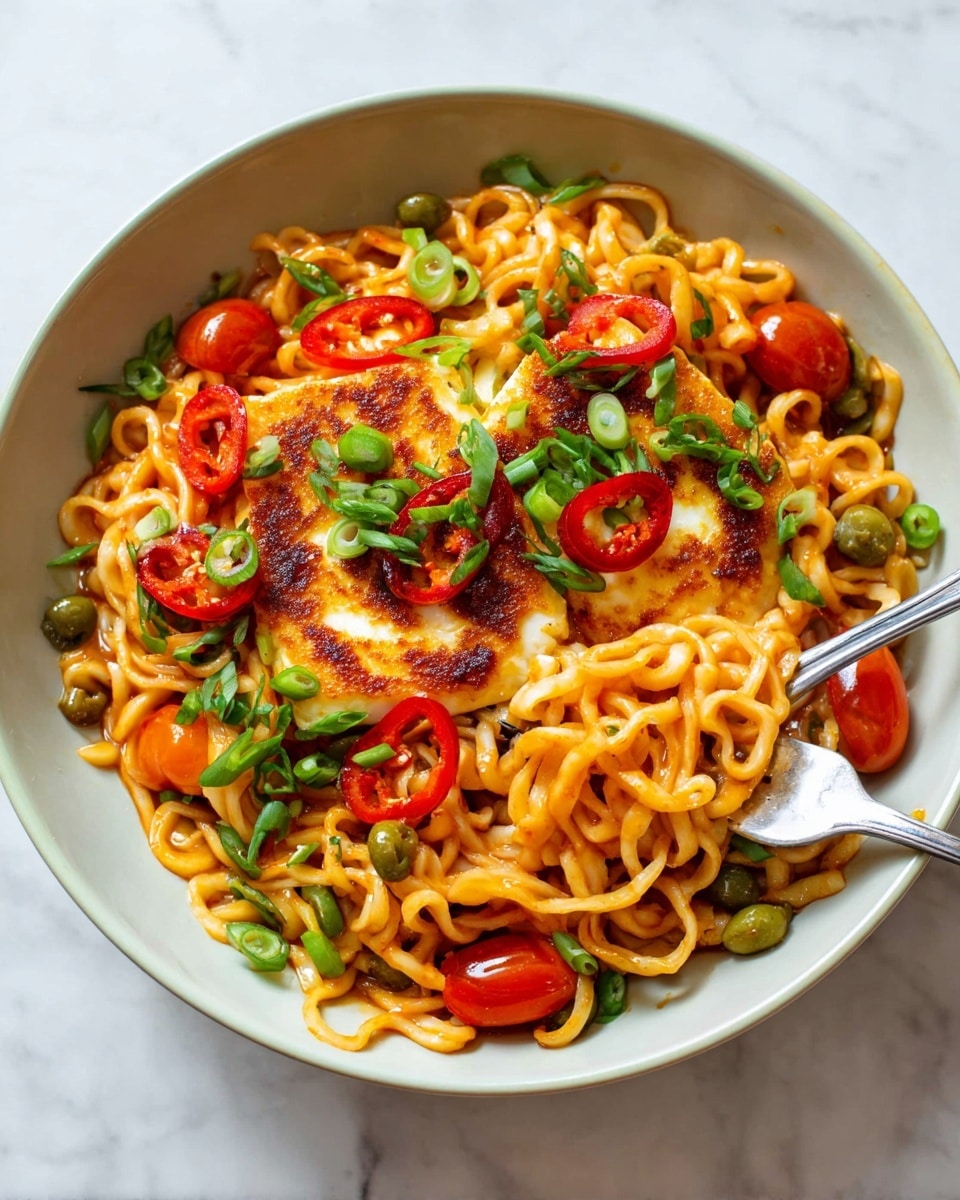 A white bowl filled with twisted light orange noodles forms the base layer, mixed with small green olive slices and red cherry tomato halves. On top, two pieces of golden brown grilled cheese sit in the center, garnished with thin red chili slices and scattered bright green chopped spring onions. A silver fork is placed inside the bowl on the right side, slightly lifting some noodles. The bowl rests on a white marbled surface. photo taken with an iphone --ar 4:5 --v 7
