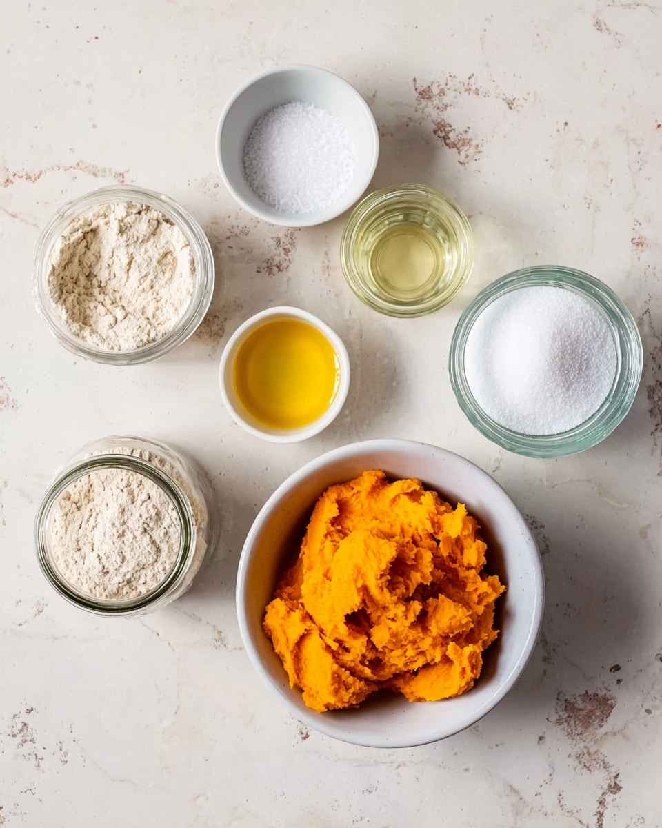 The image shows six small white bowls and jars arranged on a white marbled surface, each containing different cooking ingredients. In the center is a white bowl filled with bright orange mashed pumpkin. To the bottom left, there is a clear glass jar with light beige flour. At the top left is a small white bowl with a white powder, likely baking soda or salt. At the top center, a small white bowl holds a golden yellow liquid, probably oil. To the right is a white bowl filled with white granulated sugar, and at the bottom right, there is a clear glass jar with a clear liquid, possibly water or vinegar. Photo taken with an iphone --ar 4:5 --v 7