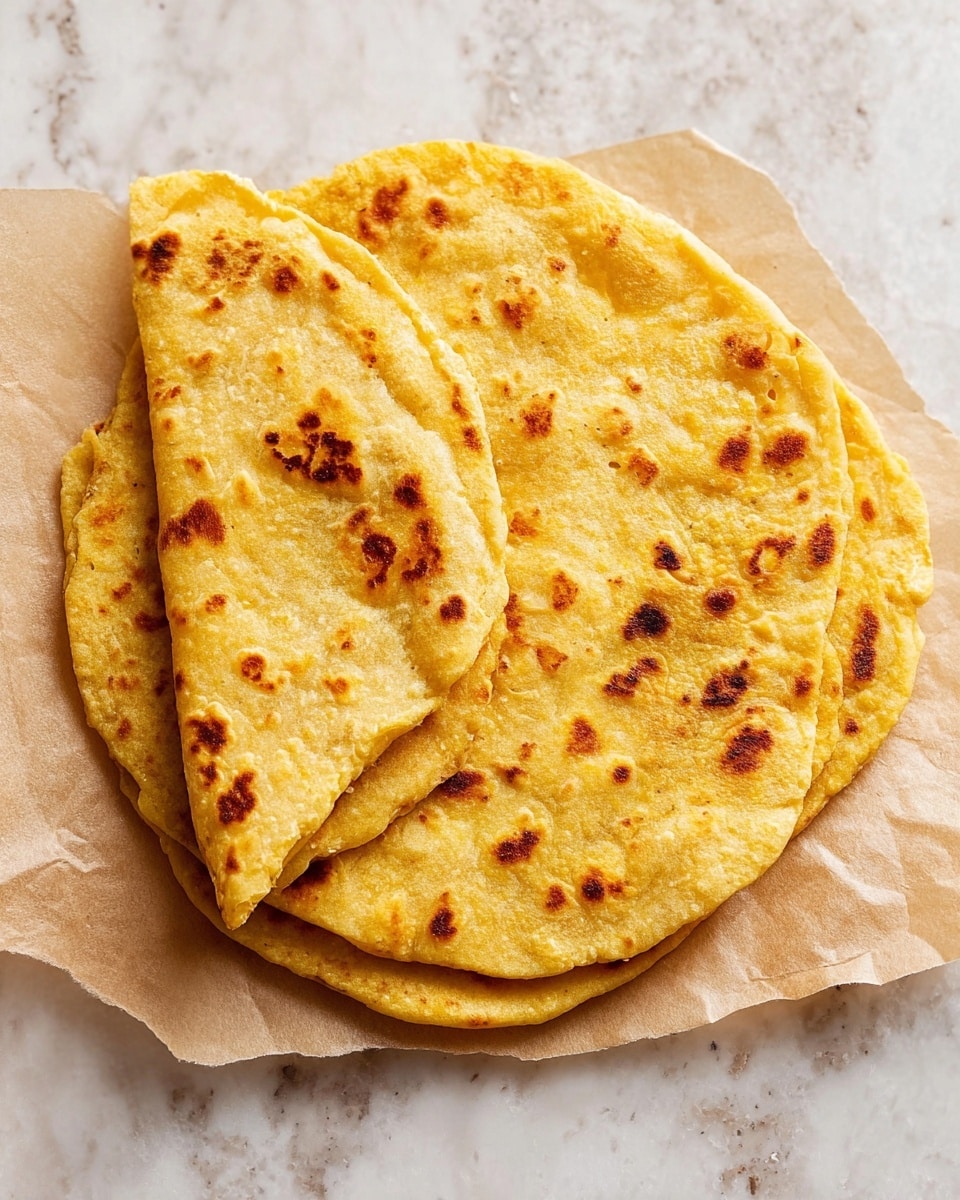 The image shows three round flatbreads stacked on top of each other on a piece of parchment paper on a white marbled surface. The flatbreads are golden-yellow with brown spots from cooking, and the one on top is folded in half, showing its soft, slightly bumpy texture. The edges are slightly uneven, giving them a homemade look. photo taken with an iphone --ar 4:5 --v 7