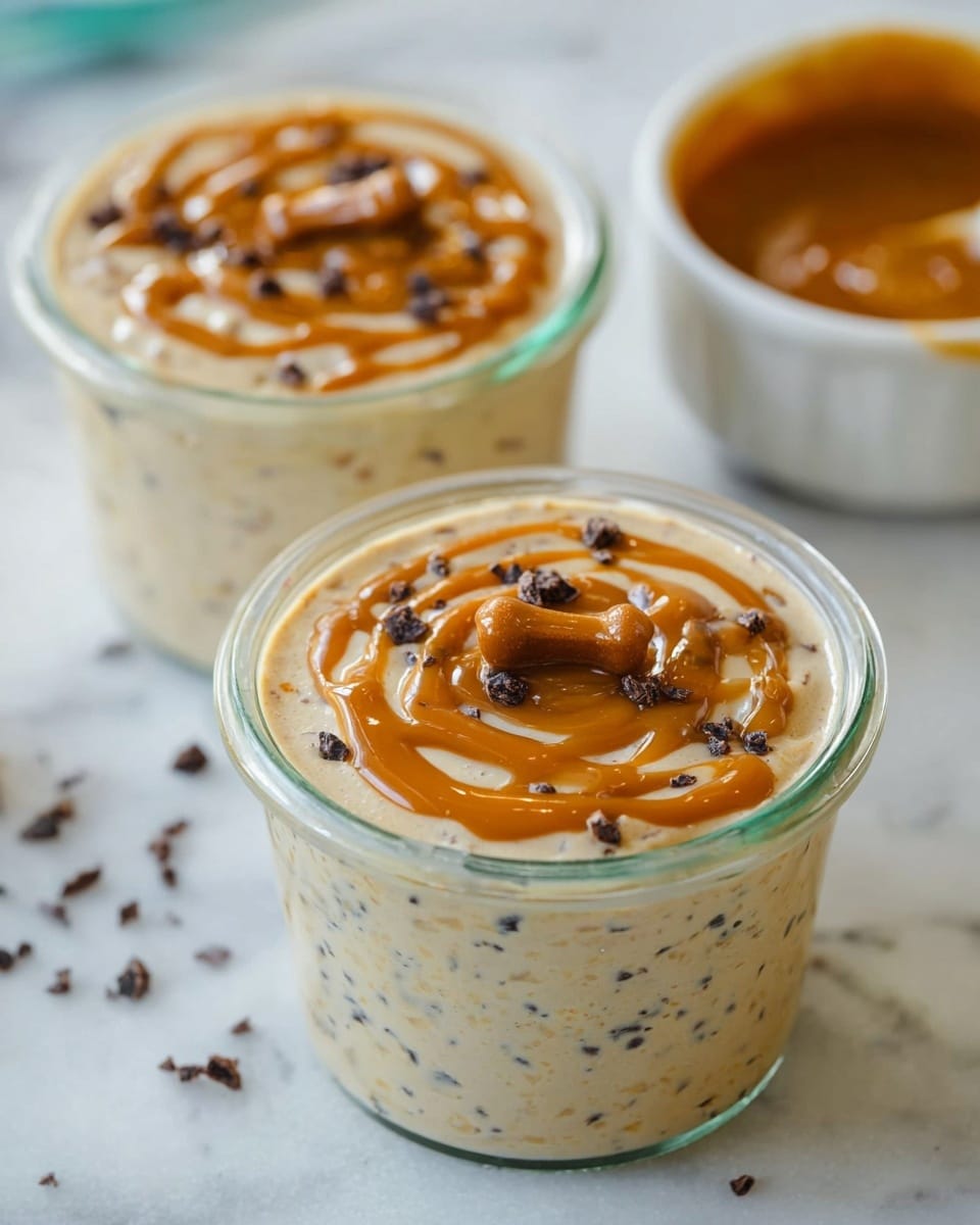 Two clear glass jars filled with creamy beige dessert speckled with small dark bits sit on a white marbled surface. The dessert is topped with a thick drizzle of caramel-colored sauce spread in a swirling pattern. Small dark brown nibs are scattered on the caramel topping, and the jar in front has a small caramel dollop shaped like a bone placed right in the center. In the background, more of the caramel sauce is visible in a white bowl, slightly blurred. photo taken with an iphone --ar 4:5 --v 7