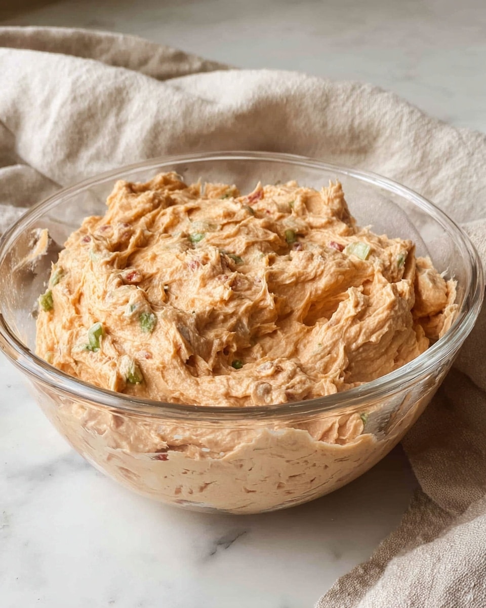 A clear glass bowl filled with a thick, creamy mixture that has a light orange color with small chunks of green and red visible throughout. The texture looks slightly lumpy and soft, with some strands of a stringy ingredient mixed in. The bowl sits on a white marbled surface with a beige cloth loosely spread behind it. The lighting is soft and natural, emphasizing the creamy texture of the mixture. photo taken with an iphone --ar 4:5 --v 7