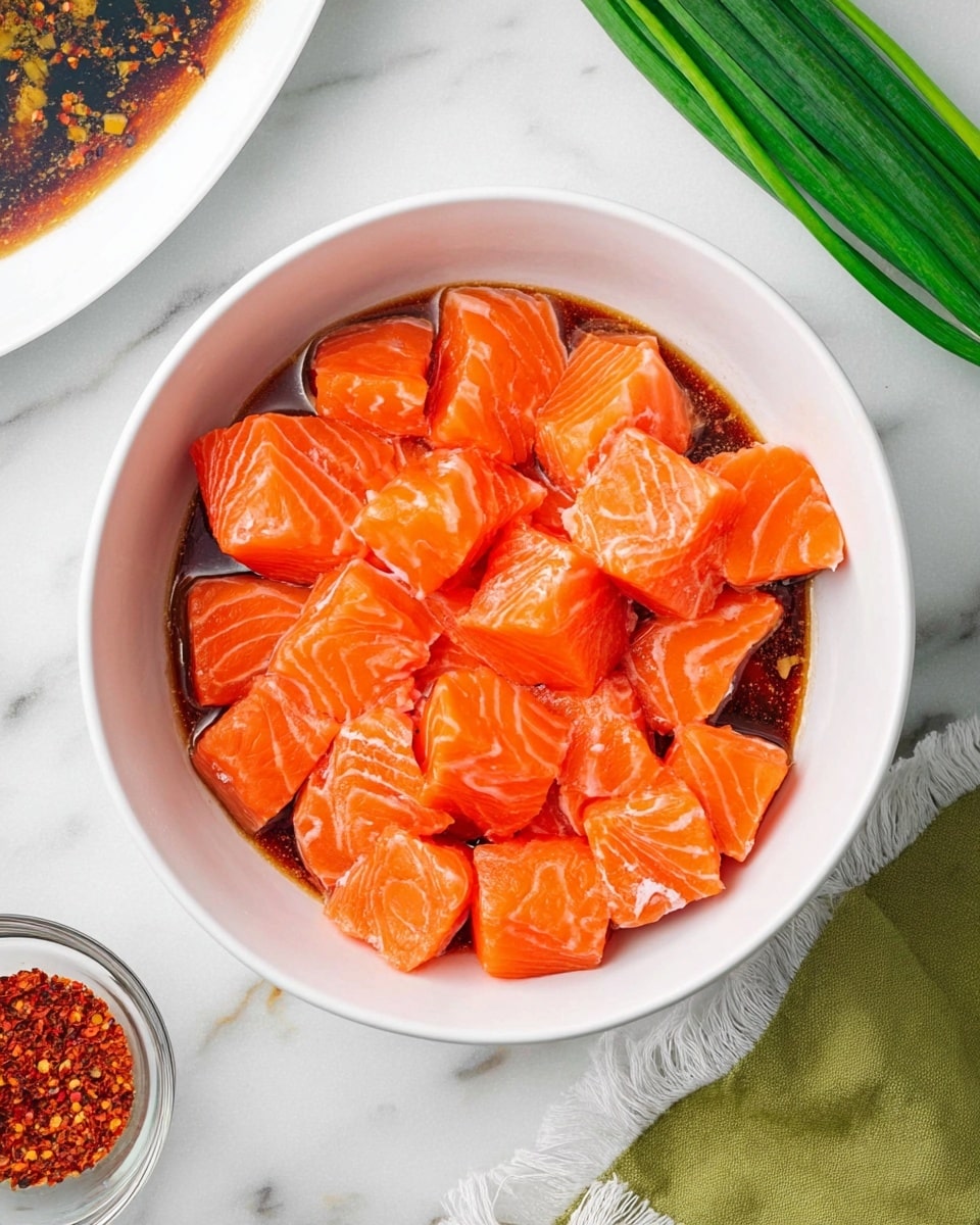 The image shows a white bowl filled with many pieces of raw salmon, each piece bright orange with light white lines, resting in a dark brown marinade that gives a shiny look to the fish. The salmon pieces are roughly cut, some triangular and some more square, all closely packed to cover the bottom of the bowl. In the background, there is a white marbled surface with some green onion stalks on the upper right side and a small green cloth with white fringes near the bottom right corner. On the top left corner, you can see part of another white plate holding a dark sauce with orange bits, and a small clear bowl with red pepper flakes is near the bottom left side. photo taken with an iphone --ar 4:5 --v 7