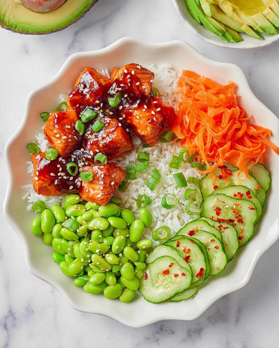 A white scalloped bowl holds five main layers arranged side by side on a white marbled surface. The bottom layer is soft white rice with scattered green onion pieces. To the left, there are glossy chunks of salmon topped with a shiny dark reddish-brown sauce and sprinkled with sesame seeds. Next to the salmon, a pile of bright green edamame beans fills the bowl. Beside the edamame, there are thin, uniform strips of bright orange carrots also sprinkled with sesame seeds. Finally, on the right side, there are thin slices of fresh cucumber and fan-shaped slices of light green avocado sprinkled lightly with red pepper flakes and sesame seeds. Photo taken with an iphone --ar 4:5 --v 7