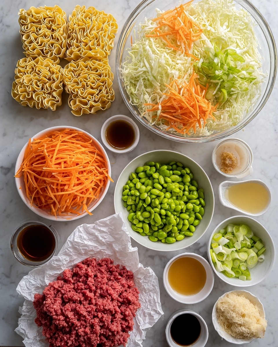 The image shows many ingredients arranged on a white marbled surface. In the top left, there are three blocks of uncooked wavy yellow noodles. To the right, a large clear glass bowl is filled with shredded white cabbage mixed with thin orange carrot strips. Below it, a white bowl contains shiny green edamame beans. Next to it on the right, two smaller white bowls hold sliced green onions of different cuts. Below, crumpled white parchment paper supports a large portion of bright red ground meat. On the left side, a clear glass bowl holds shredded orange carrots. Around these, several small white bowls and dishes contain different liquids and pastes in colors like dark brown, amber, light yellow, and beige, plus minced garlic and ginger. All items are neatly arranged and well-lit. Photo taken with an iphone --ar 4:5 --v 7