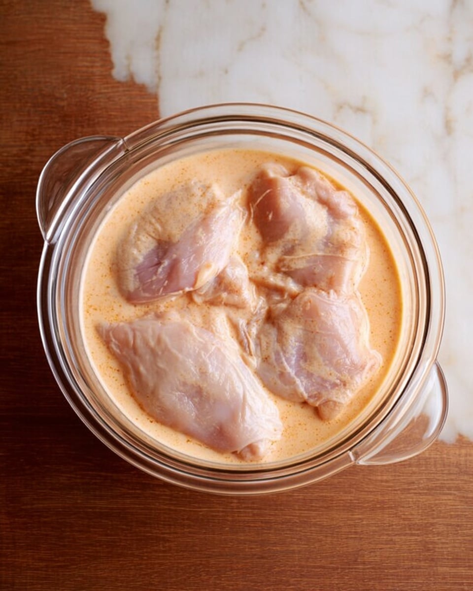 A clear glass bowl with two handles holds three pieces of light brown raw chicken submerged in a pale orange creamy sauce. The sauce is smooth and covers the chicken evenly, with slight ripples showing the meat underneath. The bowl is placed on a surface with a white marbled texture. photo taken with an iphone --ar 4:5 --v 7