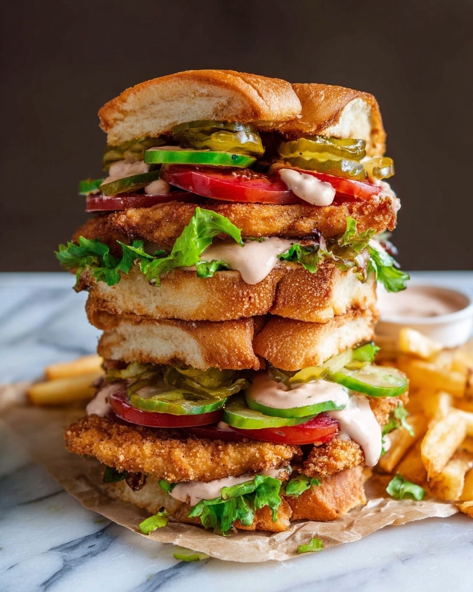 A very tall triple sandwich sits on a piece of parchment paper with some fries and sauce on the side. The sandwich has three toasted soft golden buns stacked on top of each other, each bun sandwiching layers of fried golden brown crispy chicken fillets, fresh green lettuce, sliced red tomatoes, pickled green cucumber slices, and a creamy light pink sauce spread on the top of each chicken layer. The sandwich is full, colorful, and textured with crispy, fresh, and soft elements. The scene is set on a white marbled surface. Photo taken with an iphone --ar 4:5 --v 7