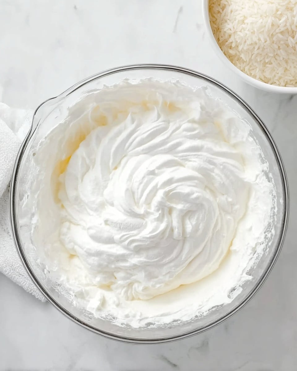 A clear glass mixing bowl filled with thick, white whipped cream with soft peaks and a smooth, fluffy texture. The bowl is placed on a white marbled surface next to a corner of a white bowl filled with fluffy white rice. The top view shows the swirled pattern of the whipped cream inside the bowl. Photo taken with an iphone --ar 4:5 --v 7