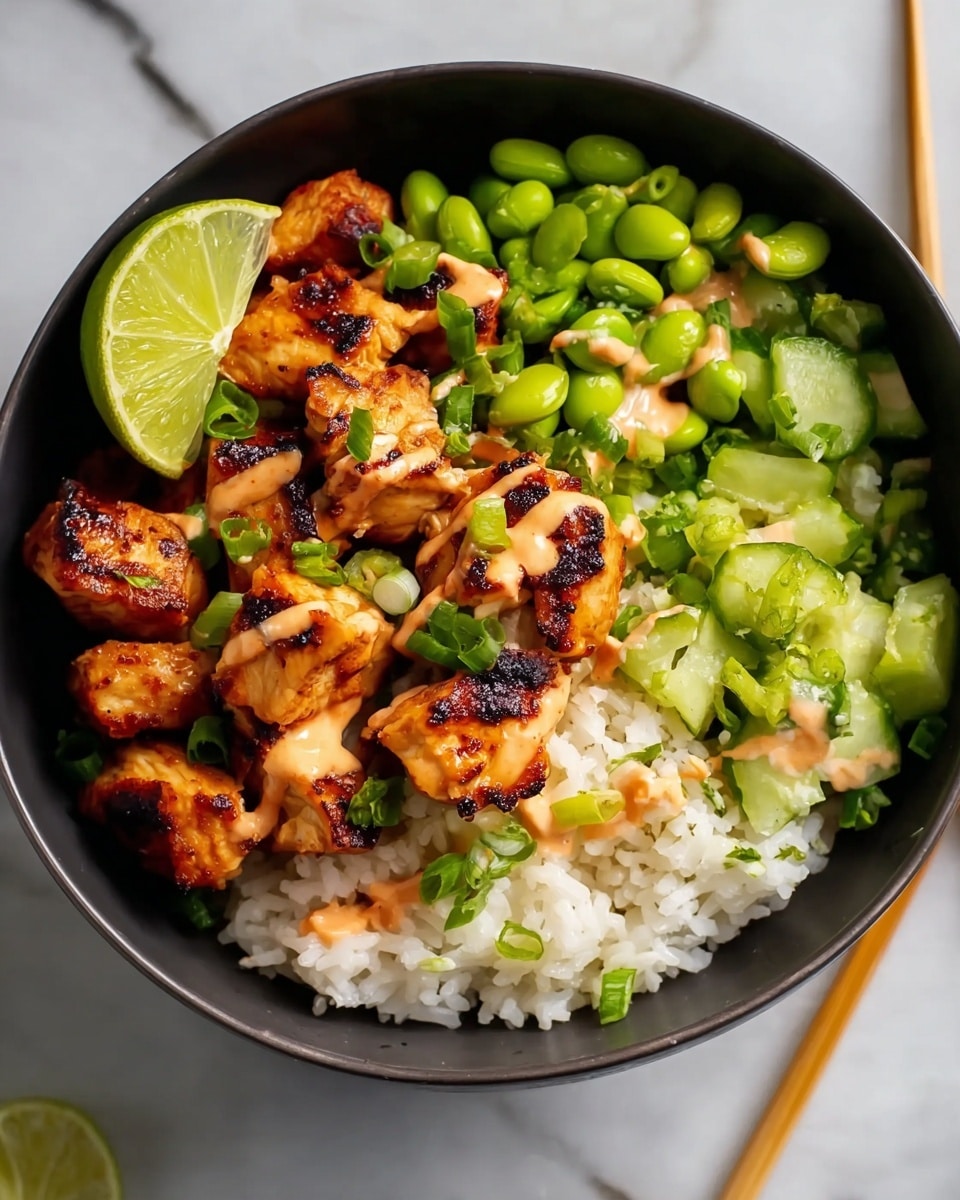 A black bowl filled with three layers: the bottom layer is white rice with a soft texture, the middle layer is grilled chicken pieces with a golden-brown color and charred edges, and the top layer shows a light orange sauce drizzled over the chicken. To one side, there is a mix of bright green chopped vegetables including edamame and cucumber with a fresh, crisp texture. A green lime wedge rests on the edge of the bowl, and chopped green onions are sprinkled over the dish. The bowl is placed on a white marbled surface with light wooden chopsticks nearby. Photo taken with an iphone --ar 4:5 --v 7