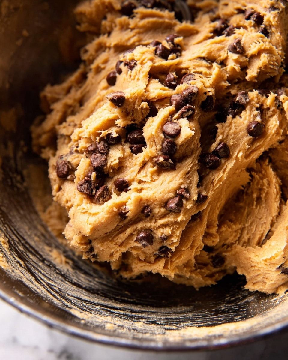 The image shows a close-up of a mixing bowl filled with thick, light brown cookie dough mixed with small, dark brown chocolate chips and chunks of darker brown thick cookie pieces. The dough has a rough, soft texture with swirls and uneven folds, and the mixture looks dense and heavy. The inside of the bowl is scratched and coated with some dough around the edges. The background has a white marbled texture. photo taken with an iphone --ar 4:5 --v 7