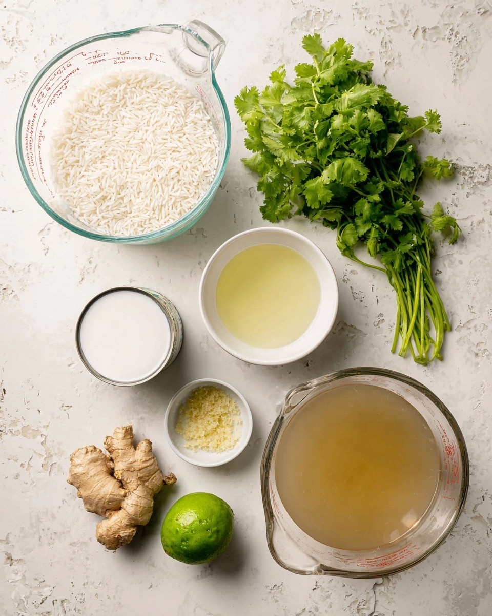 A top-down view shows ingredients arranged on a white marbled surface: at the top center is a clear glass measuring cup filled with uncooked white rice; to the right is a fresh bunch of green cilantro with vibrant leaves and stems; below the rice is a full opened can of creamy white coconut milk; next to it on the right is a small white bowl with pale yellow liquid; below the bowl is a knobby piece of light brown ginger root; in the center bottom is a whole bright green lime; to the left of the lime is a small white bowl containing minced garlic in light golden oil; next to this bowl is another small empty white bowl; and at the bottom right is a large clear glass measuring cup filled with light brown broth or stock. Photo taken with an iphone --ar 4:5 --v 7