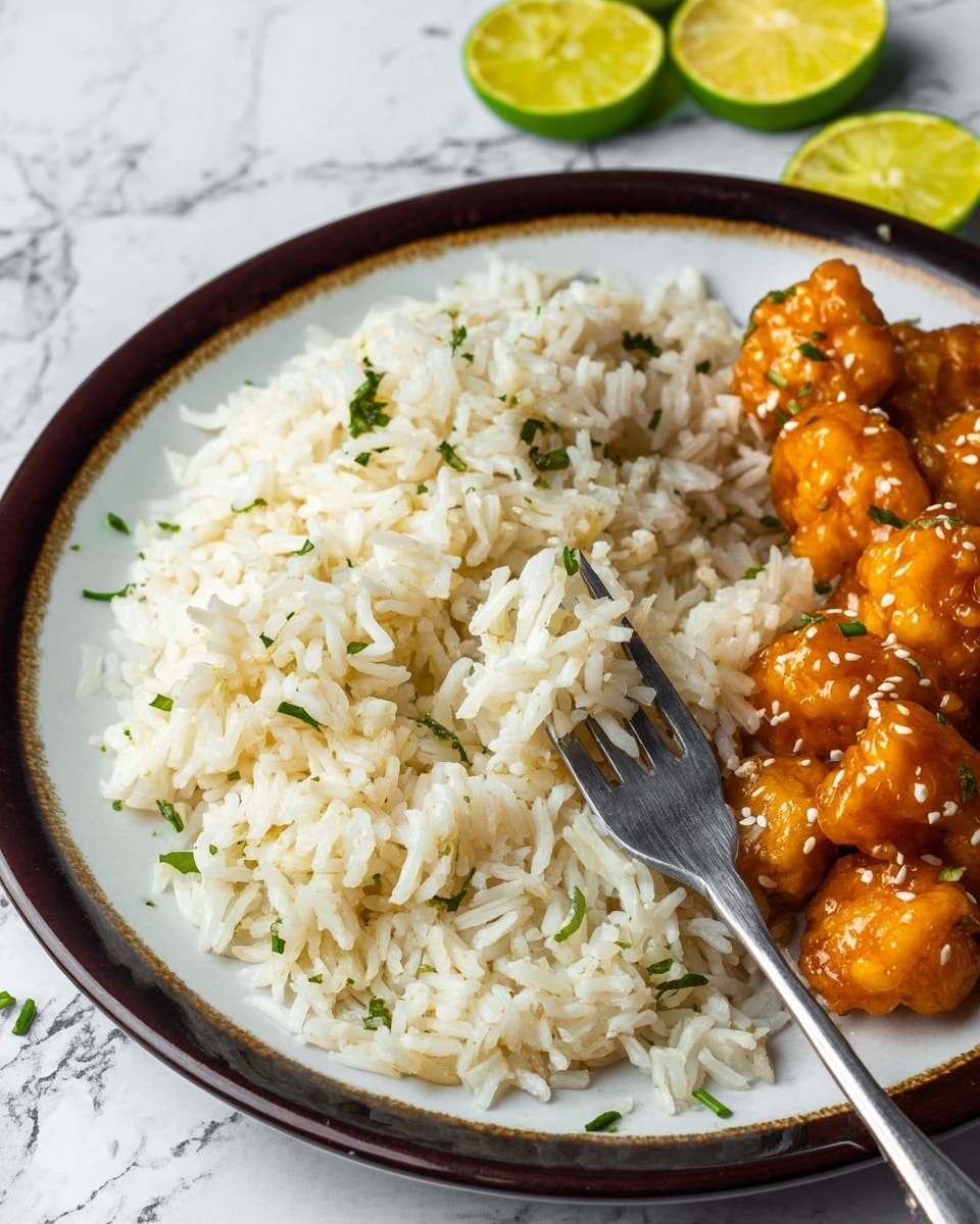 The image shows a white plate with a dark brown rim holding two main layers of food. On the left side, there is a pile of white rice mixed with small green herb pieces, giving it a fresh look and a slightly fluffy texture with individual grains visible. On the right side, there is a bright orange layer of fried or coated pieces with a shiny sauce and a few white sesame seeds, showing a crispy and glossy texture. A silver fork rests on the rice, and in the background, there are several lime wedges with green and yellow shades on a white marbled surface. Photo taken with an iphone --ar 4:5 --v 7