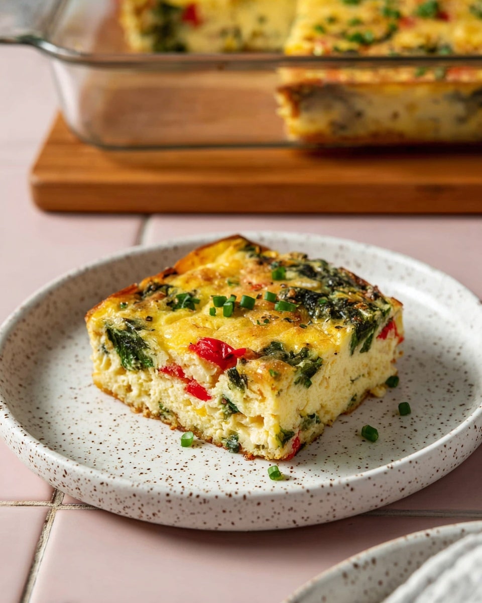 A square piece of baked egg casserole sits on a white plate with small dark speckles. The casserole has a golden yellow top layer with visible bits of red bell pepper and green spinach leaves mixed evenly inside. It is topped with small chopped green herbs, likely chives, scattered over the surface. The edges of the casserole are browned and crisp, while the inside looks soft and fluffy with a mix of light yellow and green colors. In the background, a clear glass baking dish with the rest of the casserole is set on a wooden board, placed on a light pink tiled surface. Photo taken with an iphone --ar 4:5 --v 7