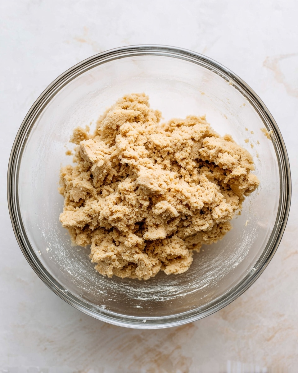 A clear glass mixing bowl holds crumbly, light tan dough with a coarse texture inside. The dough is loosely packed in uneven clumps that fill about one-third of the bowl, leaving the rest of the bowl mostly empty and clean. The bowl is placed on a white marbled surface which adds a soft contrast to the dough's sandy coloring. Photo taken with an iphone --ar 4:5 --v 7