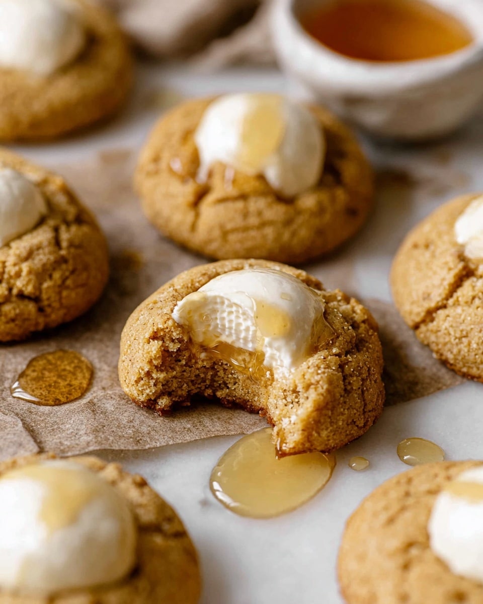 The image shows a close-up of several small cookies on a white marbled surface. Each cookie is golden brown with a rough, crumbly texture and a small dollop of smooth, creamy white topping placed in the center. One cookie is broken in half, revealing a soft, dense inside that matches the golden brown color of the outside. Around the cookies, there are shiny drops of light amber syrup, adding a glossy look. In the background, there is a small white bowl containing more syrup. The photo is taken with an iphone --ar 4:5 --v 7