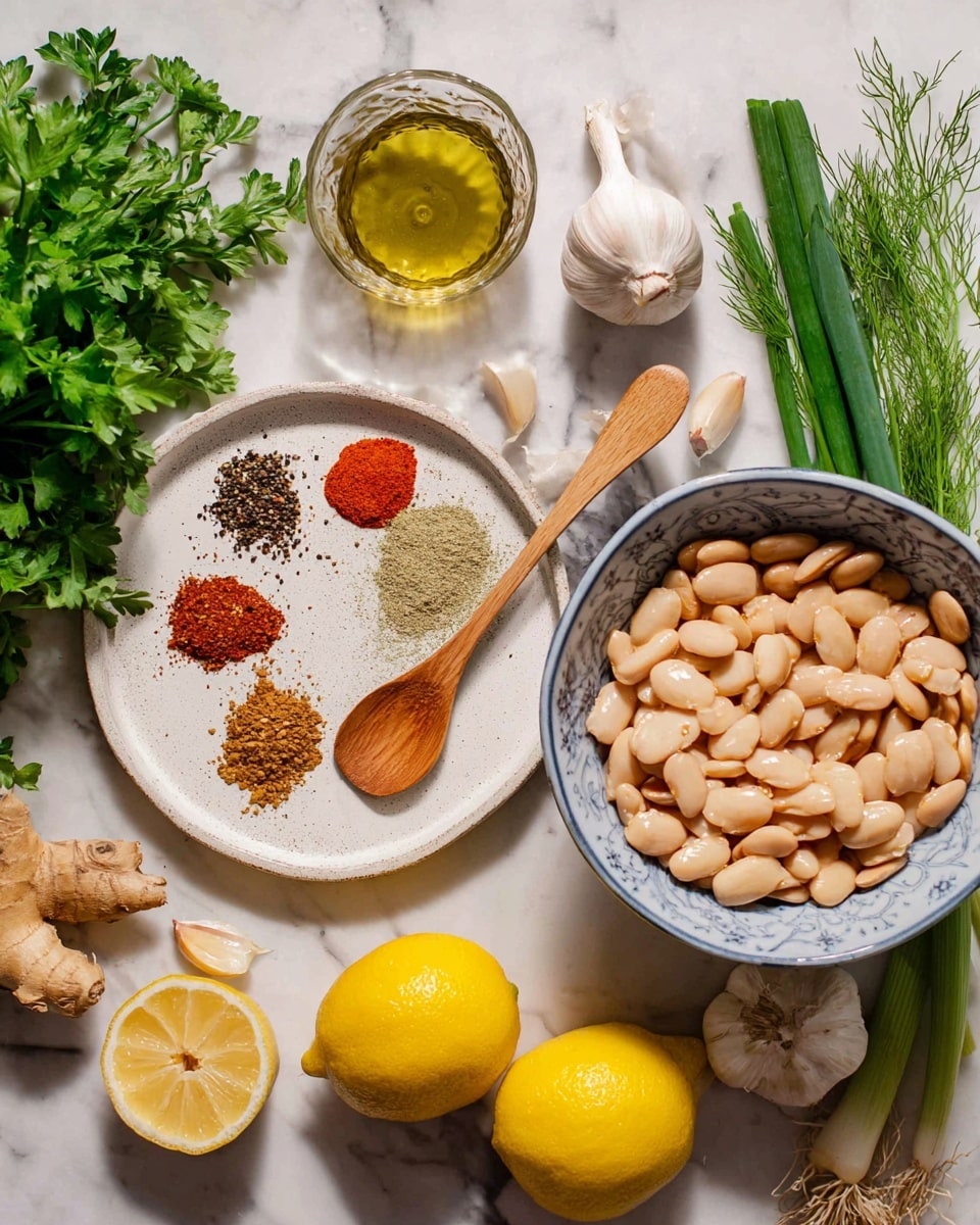 The image shows a top view of cooking ingredients on a white marbled surface. On the right side, there is a white bowl filled with light beige large beans with a wooden spoon inside. To the left, a white plate holds several spices in small piles: black pepper, red pepper flakes, paprika, cumin, and a ground brown spice, along with a small wooden spoon resting on the plate. Around these are fresh green herbs including parsley at the bottom left, dill near the center, and green onions on the far right. A few cloves of garlic and a whole lemon are placed near the bowl, with two lemon halves to the bottom left. A small glass container with a golden liquid, possibly oil, is above the garlic and lemon. photo taken with an iphone --ar 4:5 --v 7