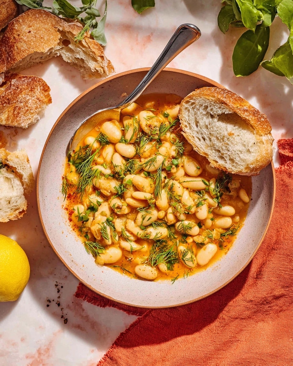 A shallow round bowl holds a warm dish of butter beans in a light orange sauce mixed with small bits of green herbs and spices scattered evenly throughout. The beans are plump and have a soft, smooth texture. On top, sprigs of fresh green dill add a contrasting freshness. A torn piece of crusty white bread rests on the right edge of the bowl, showing its fluffy inside and golden-brown crust. A silver spoon lies inside the bowl on the left side. The bowl sits on a soft orange cloth with some chunky bread pieces and half a lemon placed on a white marbled surface around it, and some green leafy herbs hang from the top edge of the frame. photo taken with an iphone --ar 4:5 --v 7