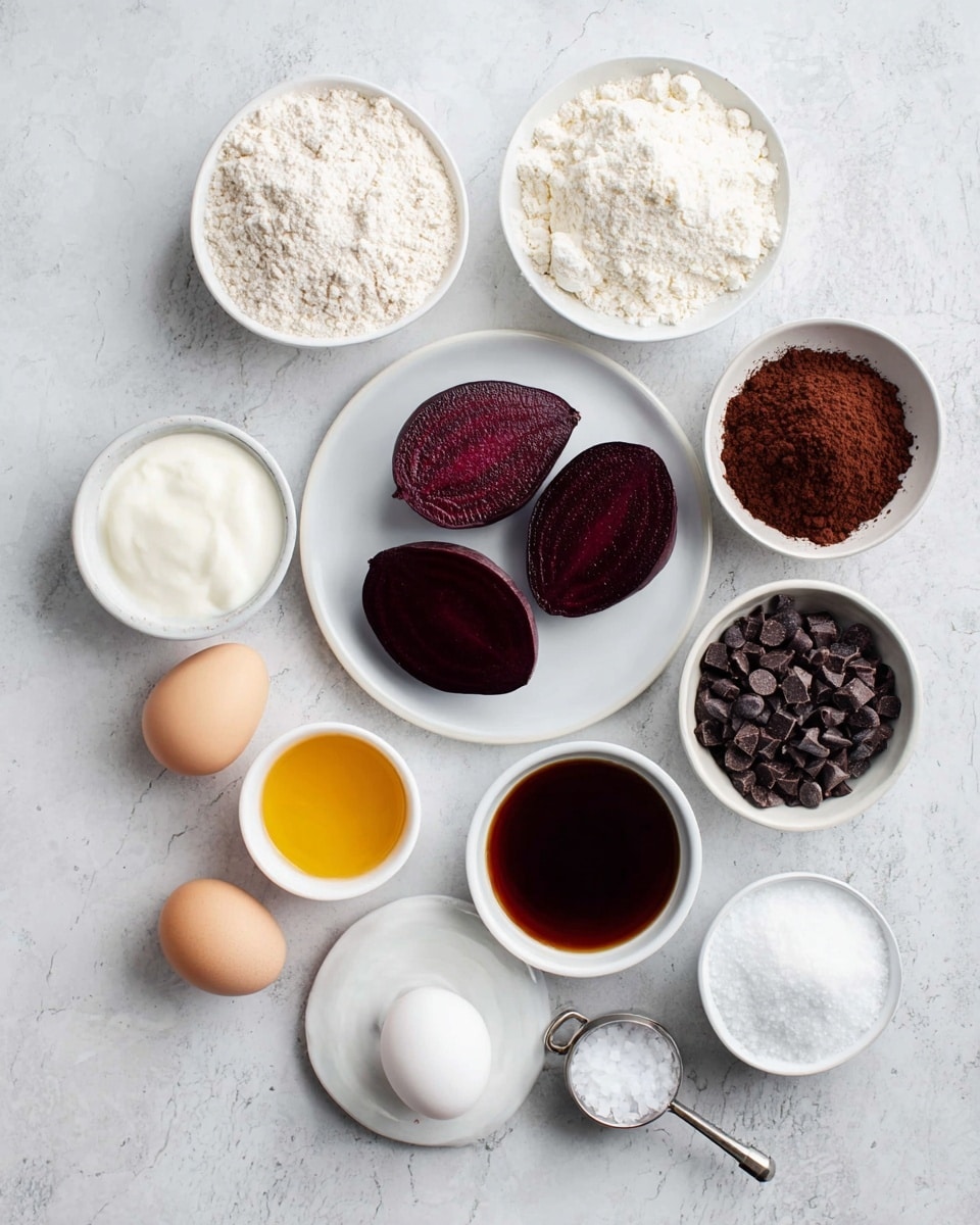 A top-down view of various ingredients arranged neatly on a white marbled surface, each in small white bowls or dishes. In the center, a white plate holds three halves of deep purple beets, showing their smooth, moist texture. Around it, bowls contain light beige flour with a powdery texture, white creamy yogurt, dark brown cocoa powder, and small dark chocolate chips that are slightly shiny. Two white eggs rest in a small white dish, and two bowls hold liquids: one golden honey-colored, another dark brown. A small white plate holds white powdery baking soda and baking powder, next to a silver measuring spoon filled with salt. Everything is evenly spaced and the photo is light and clear with soft shadows. Photo taken with an iphone --ar 4:5 --v 7