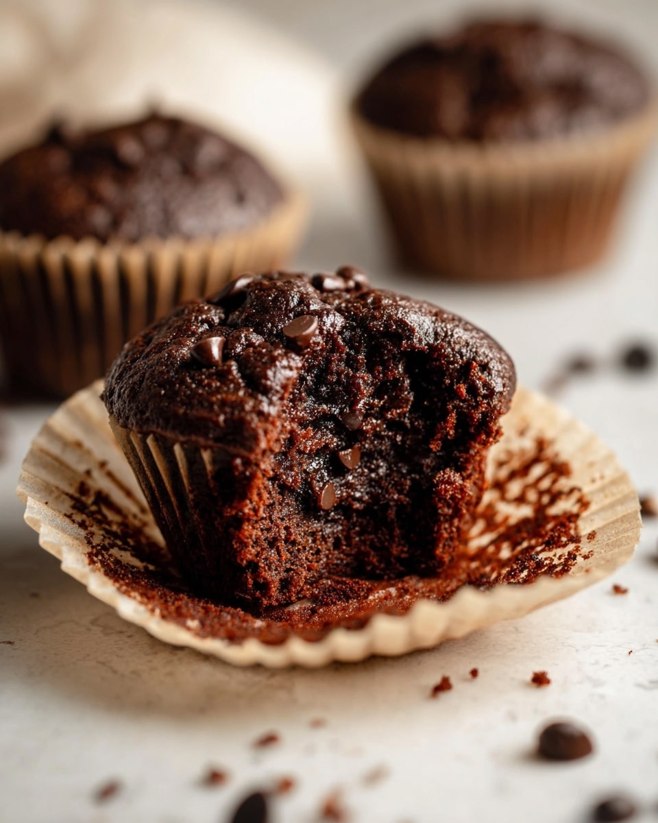 A close-up shot of a chocolate muffin with a bite taken out of it, revealing a moist, dark brown interior filled with melted chocolate chips. The muffin rests in a beige paper liner, which is spread open on a white marbled surface. Two more chocolate muffins are softly blurred in the background, creating depth. The surface has scattered crumbs around the bitten muffin, adding texture to the scene. The photo taken with an iphone --ar 4:5 --v 7