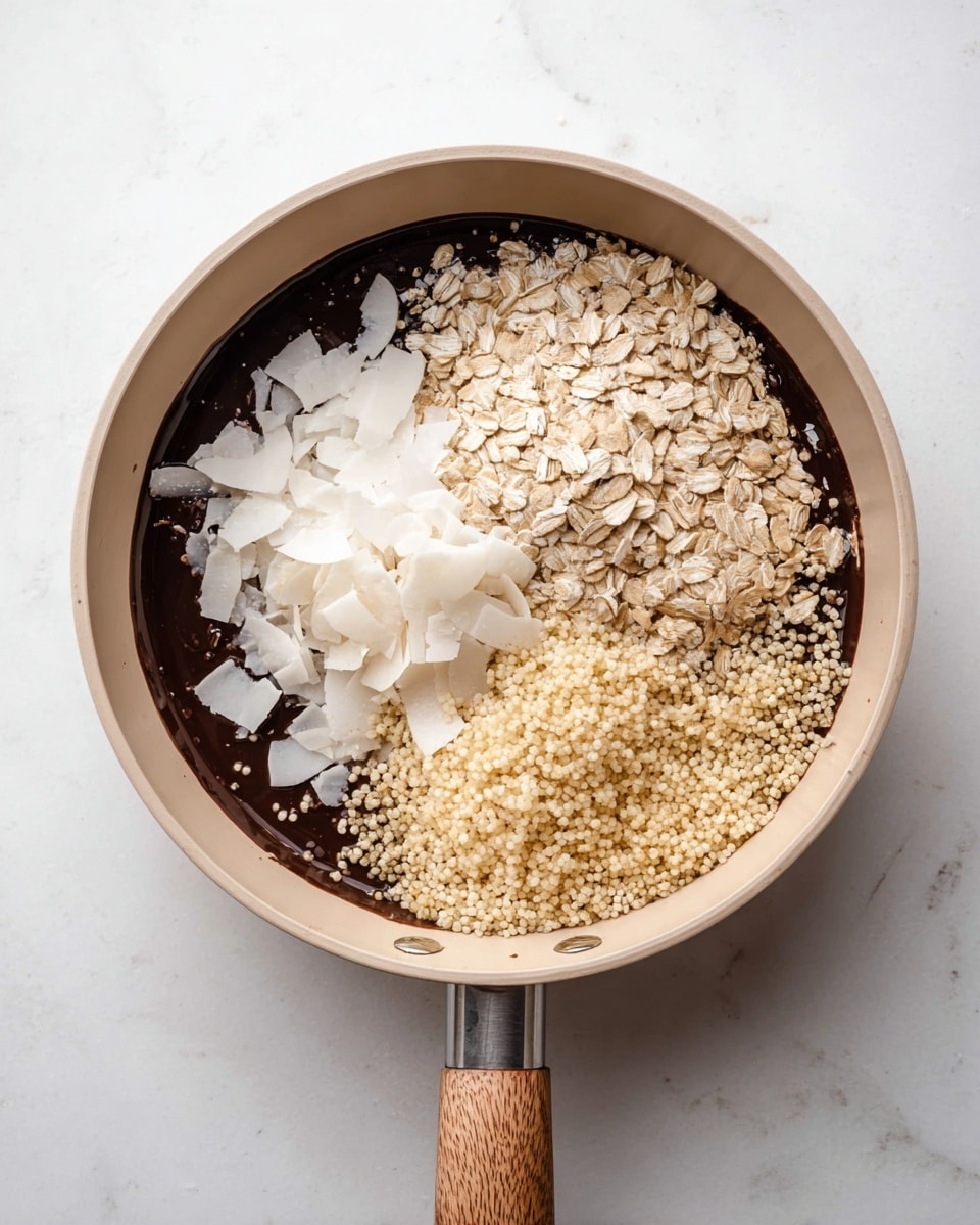 A round pan with a light beige outer edge and wooden handle contains three distinct layers of ingredients above a dark chocolate base layer. On the left side, there are large white coconut flakes with a rough texture. On the top half, above the chocolate and next to the coconut flakes, there is a layer of light beige rolled oats with a coarse and uneven surface. On the lower right side, smaller, grain-like cooked quinoa in a pale yellow color sits on the chocolate base. The pan is placed on a white marbled surface. Photo taken with an iphone --ar 4:5 --v 7