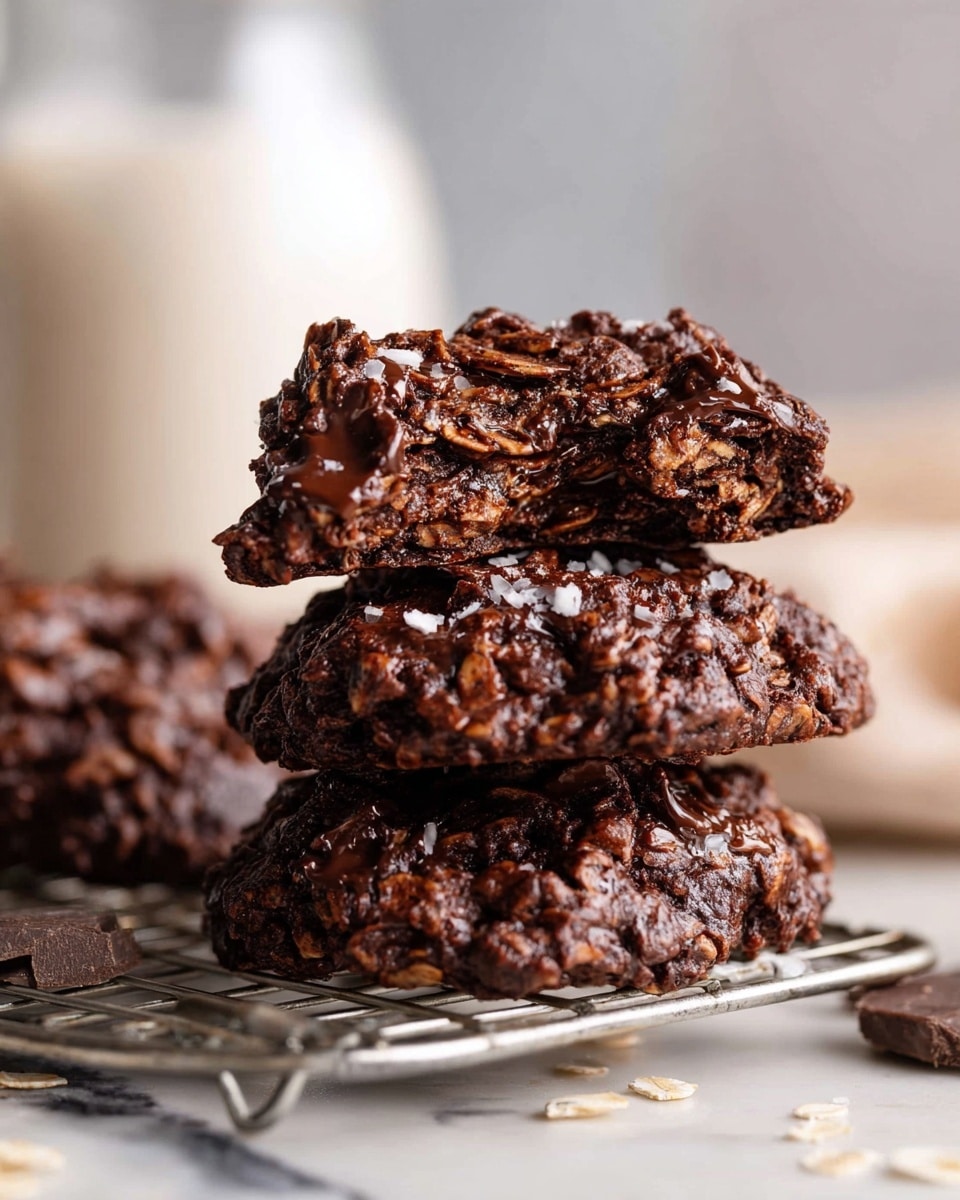 The image shows a stack of three thick, dark chocolate cookies with visible oats inside. The top cookie is broken in half, showing a dense and chewy texture with layers of oats surrounded by rich dark chocolate. The cookies have a rough, chunky surface with some shiny melted chocolate spots and a few sprinkled flakes of sea salt on top. They are placed on a metal cooling rack over a white marbled surface, with a blurred jug of milk in the background. The photo was taken with an iphone --ar 4:5 --v 7
