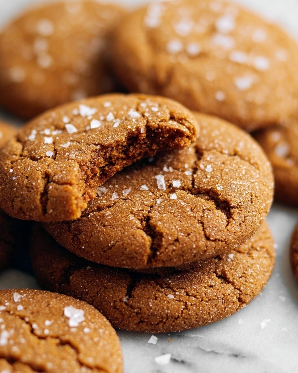 A close-up of several soft, round cookies stacked together on a white marbled surface, with one cookie in the center showing a bite taken out of it. The cookies have a warm brown color with tiny cracks on the surface and are sprinkled with coarse white salt flakes that add texture and contrast. The overall look is warm and inviting, with the focus on the bitten cookie giving a sense of softness inside. photo taken with an iphone --ar 4:5 --v 7