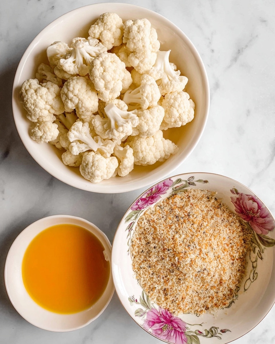The image shows three white bowls arranged on a white marbled surface. The top bowl holds many small white cauliflower pieces, each with a bumpy texture and light cream color, filling the bowl nearly to the brim. Below it and to the right is a larger white bowl with a floral pattern on the edge, filled with fine, light brown breadcrumb mix with some shredded textures visible throughout. To the left, there is a smaller white bowl filled with a smooth, thick, orange-yellow liquid that looks like beaten eggs. The three bowls create a simple, clean, and organized scene focused on the ingredients. photo taken with an iphone --ar 4:5 --v 7