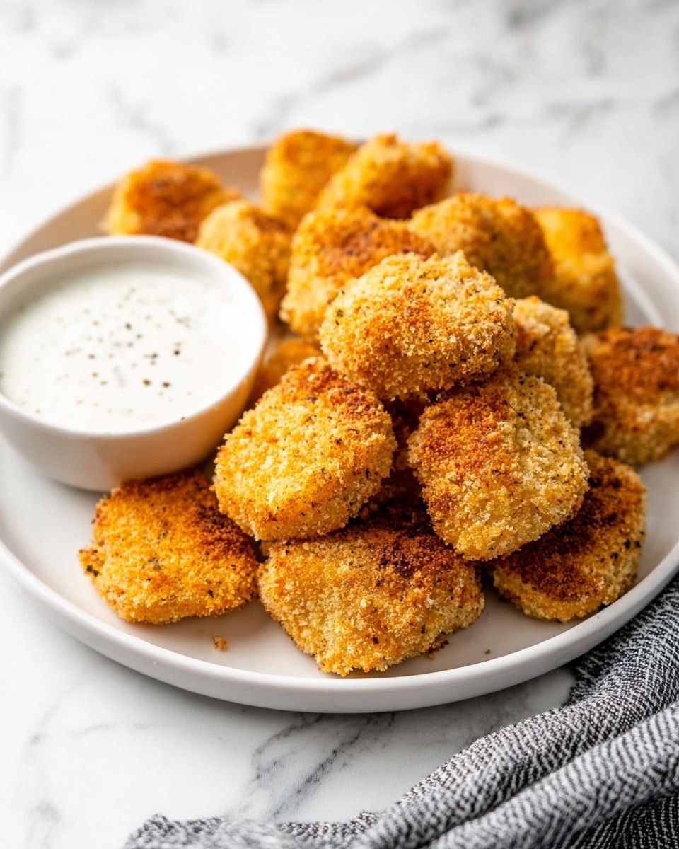 A white plate is filled with about twelve golden brown, round crispy pieces that have a crumbly texture from a breaded coating. They are arranged in a loose pile, showing rough and uneven surfaces on each piece, indicating a crunchy outside. To the left side of the plate, there is a small white bowl with a smooth white sauce that has a few tiny dark specks inside. The plate is set on a white marbled surface with a gray and white striped cloth partially visible at the bottom right corner of the image. photo taken with an iphone --ar 4:5 --v 7