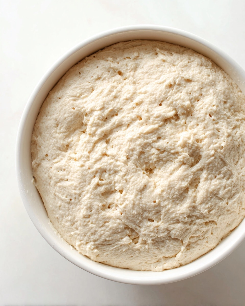 A close-up view of a single layer of thick dough in a white bowl. The dough has a bubbly and somewhat uneven surface with small air pockets visible throughout. Its color is light beige with slight variations in tone, showing a soft, spongy texture. The bowl is placed on a white marbled surface, with part of the bowl’s circular edge visible in the image. The light highlights the dough’s slightly shiny and moist appearance. Photo taken with an iphone --ar 4:5 --v 7