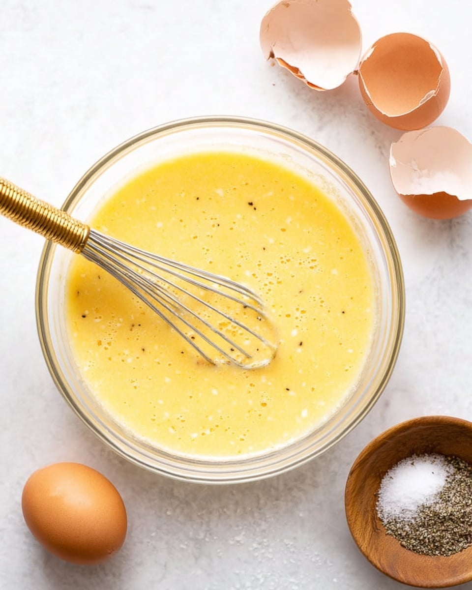 A clear glass bowl filled with a smooth yellow egg mixture with some small white bubbles and bits, a silver whisk with a gold handle resting inside the bowl, placed on a white marbled surface. Around the bowl are three cracked light brown eggshell halves, a wooden bowl filled with coarse dark pepper, and a white container of salt, all arranged casually. The image is bright and clean with natural light highlighting the textures. photo taken with an iphone --ar 4:5 --v 7