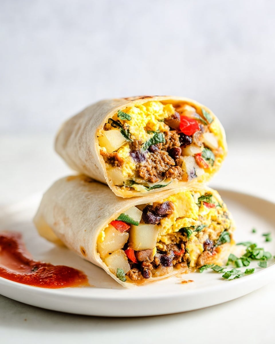 The image shows two halves of a breakfast burrito stacked on top of each other on a white plate with some red sauce and green garnish on the side. The burrito is wrapped in a light tortilla, and inside there are visible layers including scrambled eggs with a soft yellow texture, ground meat or sausage pieces in brown, chunks of white potato, black beans, bits of red bell pepper, and green leafy herbs or spinach. The background surface is a white marbled texture, making the colors inside the burrito stand out clearly. Photo taken with an iphone --ar 4:5 --v 7