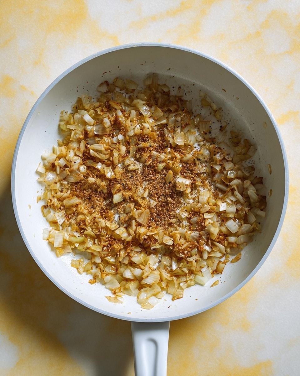 A white pan filled with cooked chopped onions and spices showing a mix of translucent light yellow and brown bits evenly spread across the pan's white surface. The pan has a white handle on the right side, resting on a surface with white marbled texture. The lighting highlights the texture of the onions and the spices scattered among them photo taken with an iphone --ar 4:5 --v 7