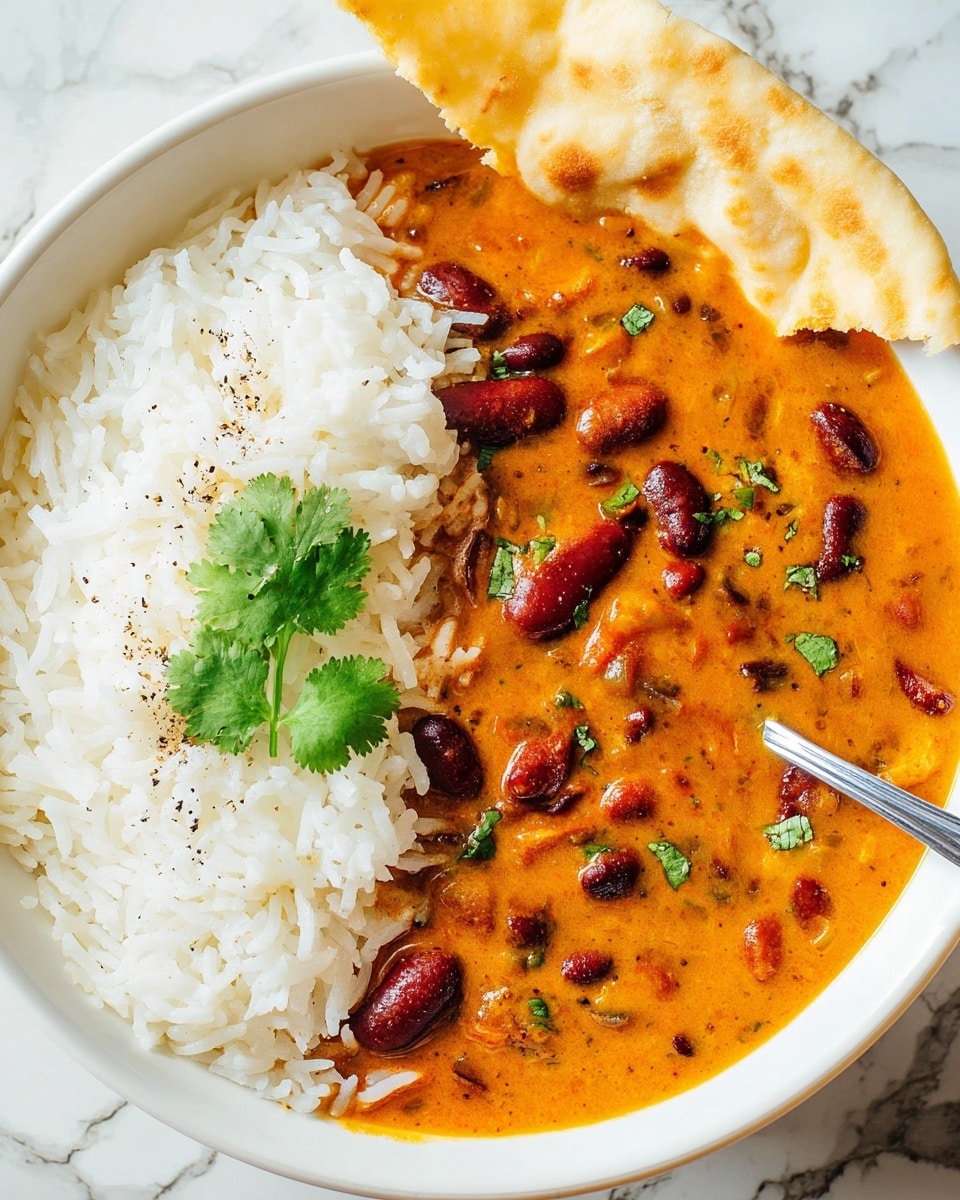 A white bowl filled with three main layers: on the left side, fluffy white rice with a few sprinkles of black pepper and a small sprig of bright green cilantro resting on top near the bottom edge; on the right, a thick orange bean curry with dark red kidney beans, bits of onion, and visible black pepper dots scattered across the surface, garnished with small cilantro leaves; at the top right edge, light beige flatbread folded gently and partly resting on the bean curry, with a metal spoon dipping slightly into the curry from the left side. The bowl sits on a white marbled surface. Photo taken with an iphone --ar 4:5 --v 7