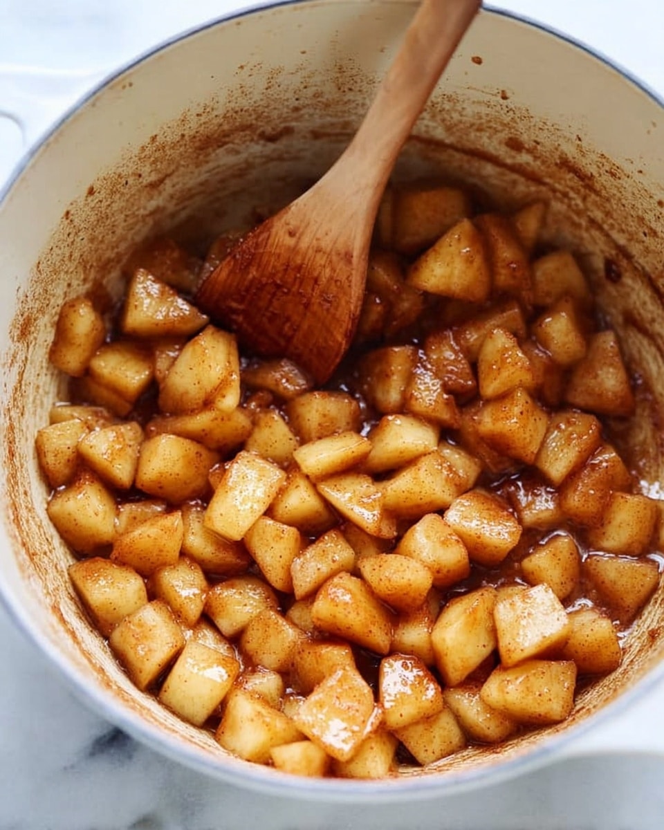 The image shows a close-up of small, soft, golden-brown cooked apple chunks mixed with cinnamon and sugar inside a white pot. The apple pieces are evenly coated with the warm, slightly sticky cinnamon mixture, giving them a shiny, caramelized look. A wooden spoon is resting in the pot, partially covered with sauce, with some apples on it. The background surface is a white marble texture with soft natural light. photo taken with an iphone --ar 4:5 --v 7