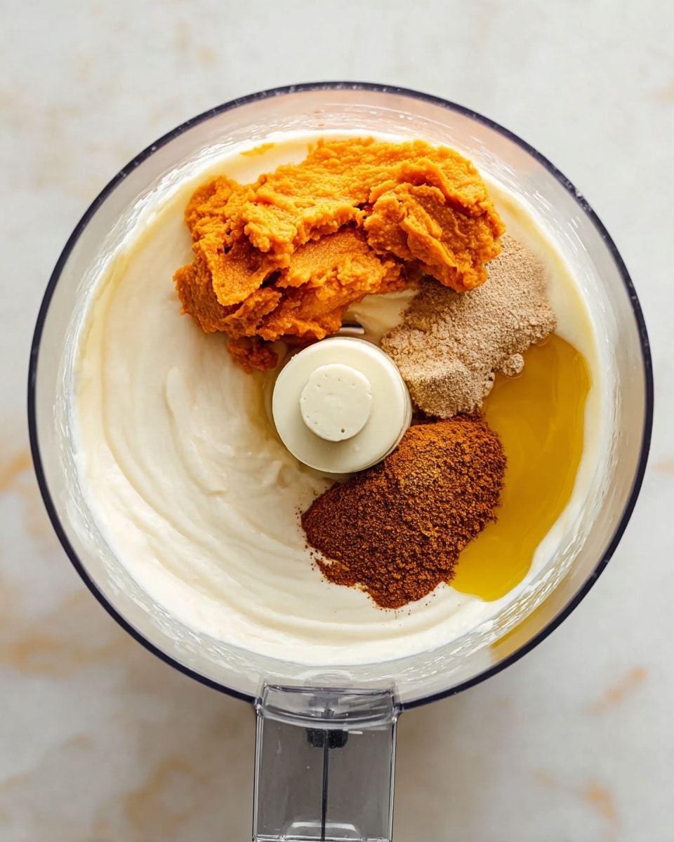 A round food processor bowl shows four distinct ingredients layered inside. At the bottom is a smooth, thick white cream filling the base. On the left side above the white cream is a large scoop of bright orange puree, with a rough and slightly chunky texture. Below the orange puree near the center is a small mound of brown powdered spice with a fine, grainy texture. To the right of the spice, near the edge, is a small pool of golden yellow liquid with a shiny surface. The background is a white marbled texture. photo taken with an iphone --ar 4:5 --v 7