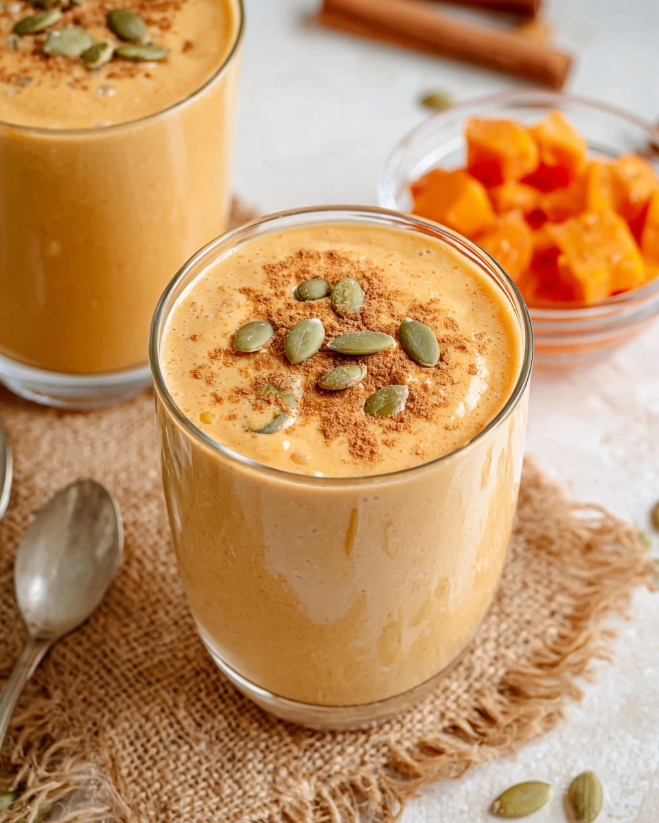 Pumpkin Whipped Cottage Cheese Recipe 5 A tall clear glass filled with a smooth light orange smoothie topped with several green pumpkin seeds and a sprinkle of brown spice powder in the center. Another similar glass with the same smoothie is partly visible in the background. Behind the front glass, there is a small clear bowl filled with bright orange chunks, all placed on a rough beige woven fabric with fringes, set on a white marbled surface. Some cinnamon sticks and a spoon are also faintly visible around the setup. Photo taken with an iphone --ar 4:5 --v 7