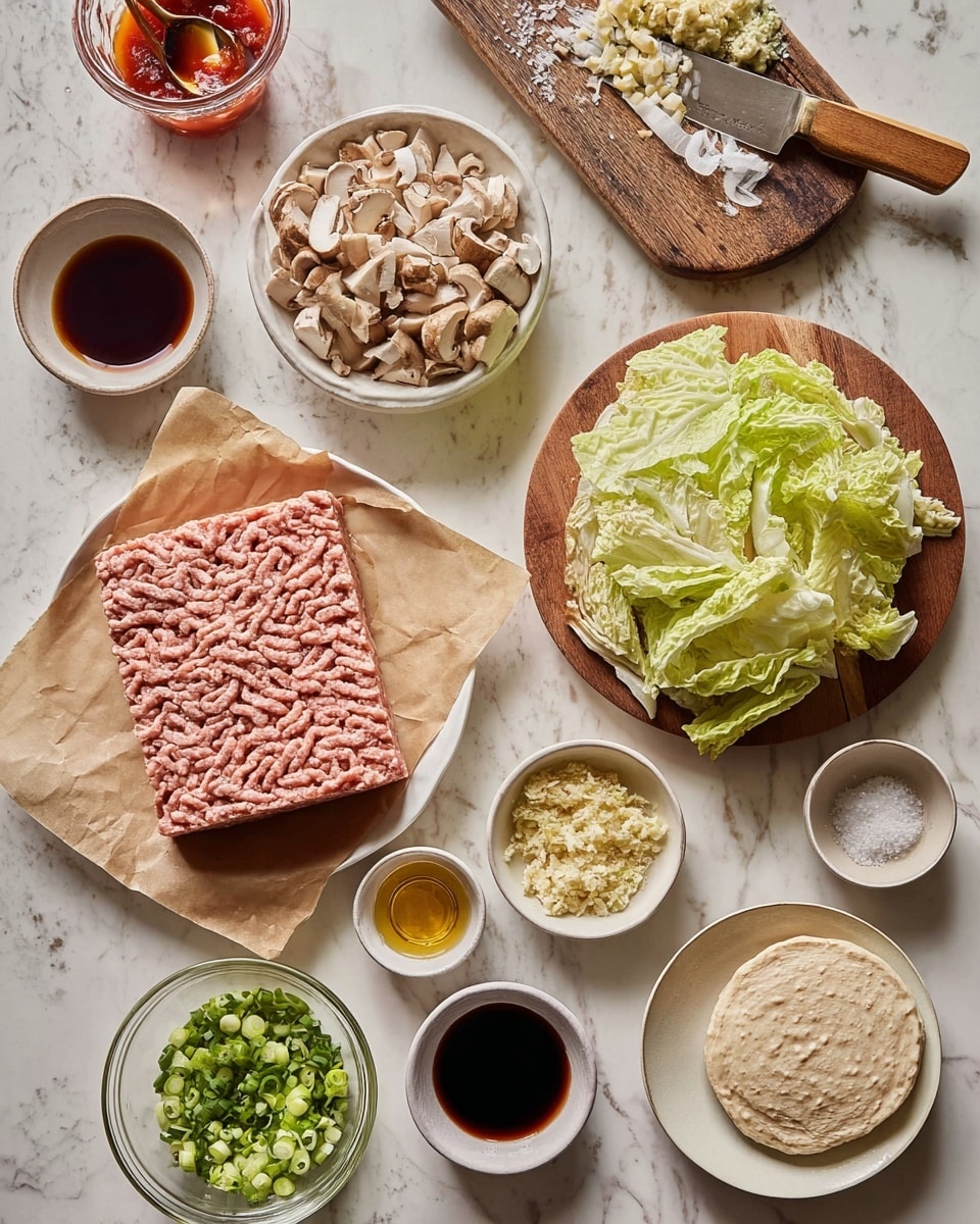 The image shows several white bowls and plates arranged on a white marbled surface. A large white plate holds a square block of raw ground meat with a pinkish tone and a textured pattern on top, placed on brown paper. To its right, a round wooden board carries chopped leafy green cabbage with a light green color and a knife with a wooden handle beside it. Above the meat, a white bowl contains chopped white and light brown pieces, possibly mushrooms. To the right of that is a small white bowl with a dark brown liquid. Next to it, a smaller white dish holds two small piles of grated light yellow and beige ingredients. Below these, a small beige bowl is filled with chopped green onions, showing a mix of dark and light green rings. Below the onions, two small round white bowls contain dark liquids, one almost black and the other reddish-brown. Between these bowls is a small white dish with white granules that look like salt. The bottom right features a white plate holding a piece of flattened dough with a pale beige color. A glass bowl at the top left corner holds a red sauce with a golden spoon inside. photo taken with an iphone --ar 4:5 --v 7