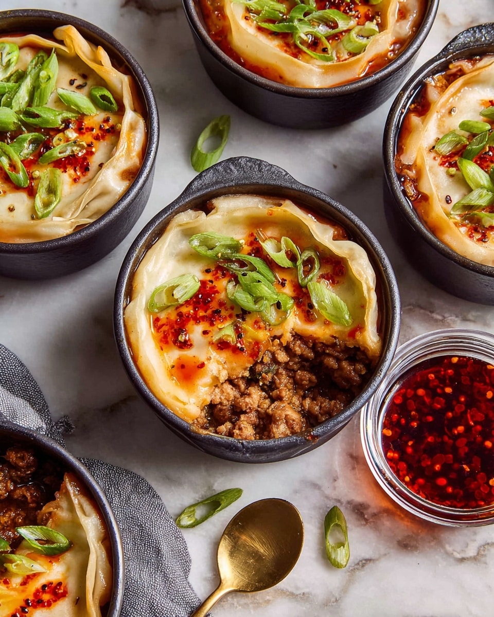 The image shows four small black pots on a white marbled surface, each filled with a layered dish. The bottom layer appears to be a minced meat mixture with visible small bits of vegetables. On top is a thin, smooth, beige dough layer with crinkled edges that slightly fold over the pot’s rim. A bright red chili oil sauce with small chili flakes is drizzled generously over the dough, spreading unevenly. Fresh green sliced scallions are scattered on top as a final garnish. One pot in the front has a small missing portion revealing the minced meat underneath. A clear glass container filled with red chili oil and a gold spoon sit nearby on the table. Photo taken with an iphone --ar 4:5 --v 7