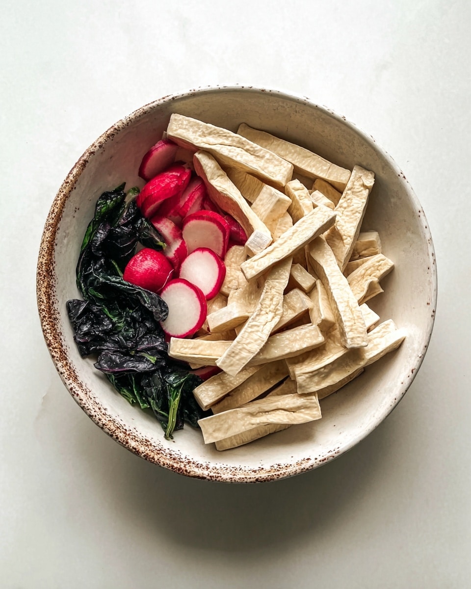 A bowl filled with three main layers is shown from above on a white marbled surface. The bottom layer consists of dark green, almost black leafy greens placed on one side, with slight wrinkles in texture. The middle layer has thin, round slices of bright red radish with white centers spread unevenly under the top layer. The top layer is made up of many pale beige tofu sticks, roughly cut into thin rectangles, scattered on top covering much of the bowl’s contents. The bowl is white with speckles of brown along the rim and surface photo taken with an iphone --ar 4:5 --v 7
