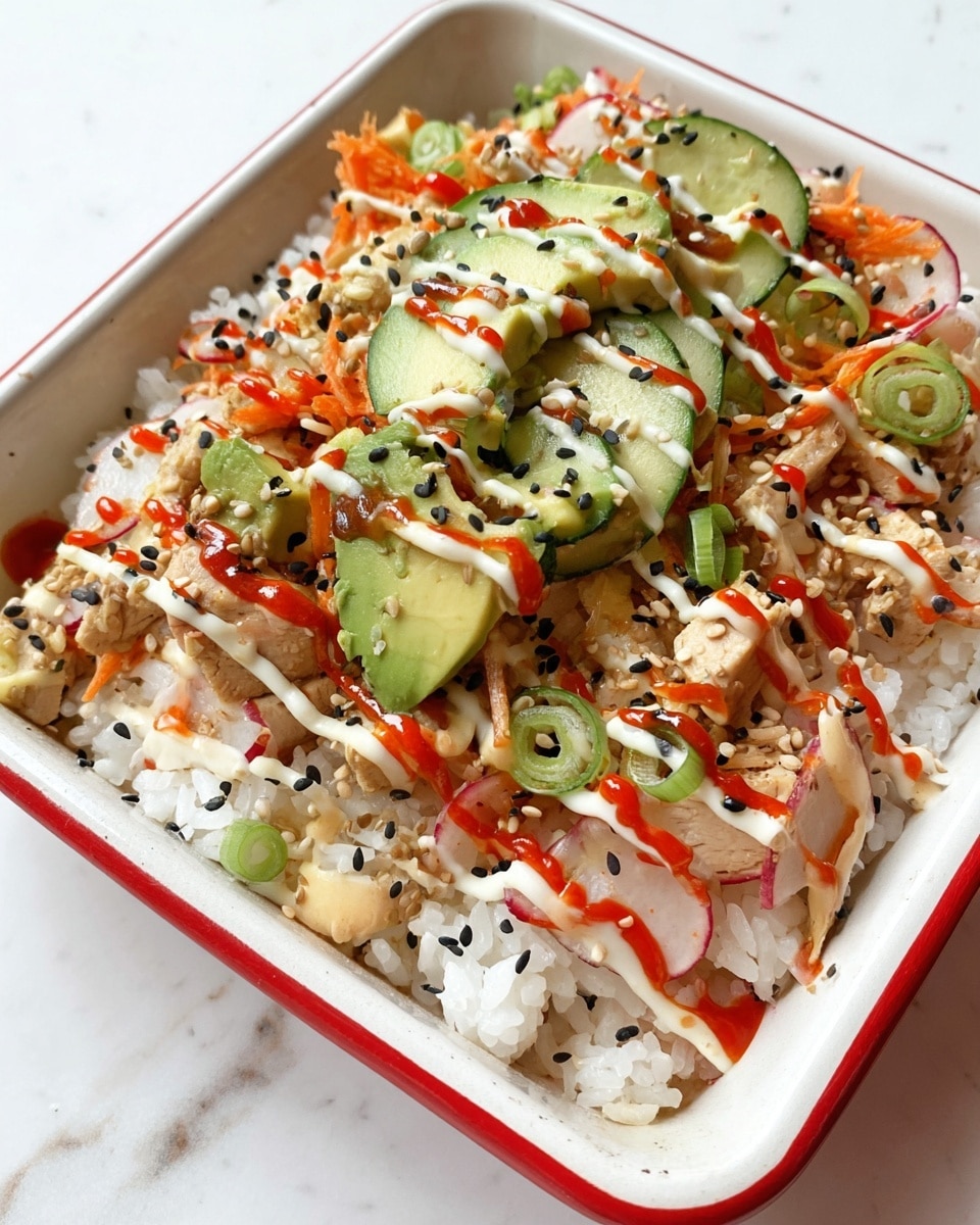 This dish is served in a white square dish with a red rim, placed on a white marbled surface. The bottom layer is white rice, topped with chopped pieces of light brown cooked tofu spread evenly. Over the tofu, there are small chunks of green avocado, thin slices of green scallions, thin orange carrot strips, and small pieces of red radish. Thin slices of cucumber with black sesame seeds are arranged on the side. The dish is drizzled with white creamy sauce and a red spicy sauce in narrow lines, and sprinkled with black and white sesame seeds over the top, adding texture and color contrast. Photo taken with an iphone --ar 4:5 --v 7