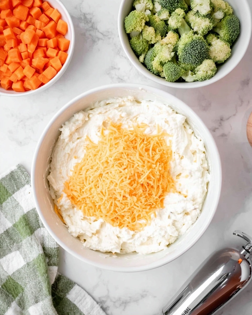 The image shows a white bowl filled with a thick white creamy mixture with a pile of shredded orange cheese on top in the center. To the upper left, there is a white bowl with small orange carrot cubes. To the upper right, a white bowl contains small green broccoli florets. The scene is set on a white marbled surface with a green and white checkered cloth partially visible at the bottom left and a silver handheld electric mixer on the bottom right corner. photo taken with an iphone --ar 4:5 --v 7