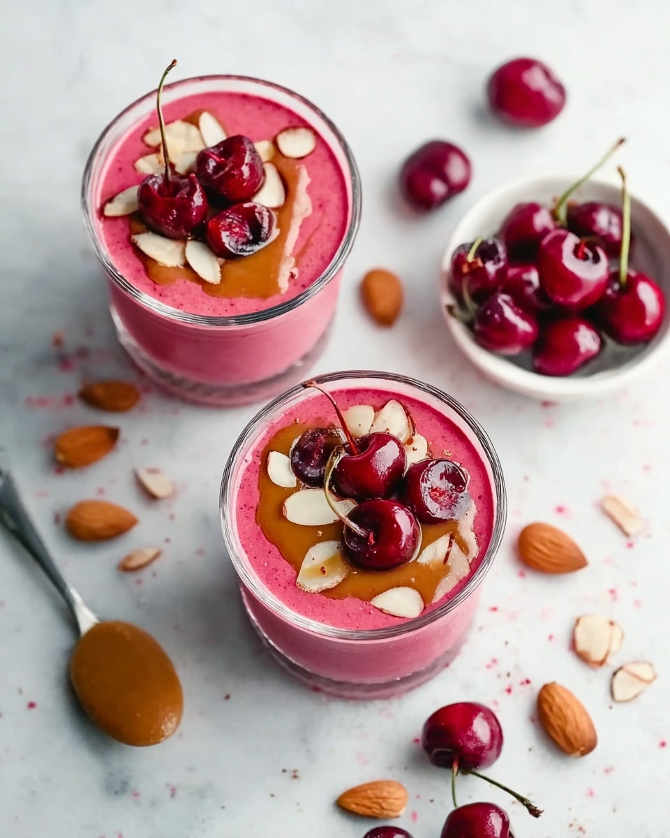Two clear glasses filled with a bright pink smoothie are placed on a white marbled surface. Each glass has about three layers: the bottom is smooth and thick pink smoothie, the middle is a drizzle of golden brown syrup, and the top is decorated with deep red cherries and light beige almond slices scattered evenly. Nearby, a small white bowl holds more cherries, and loose almond slices and cherries are also spread around. In the lower left corner, a silver spoon holds a dollop of the syrup. The photo shows a close view from above, with soft natural light. Photo taken with an iphone --ar 4:5 --v 7