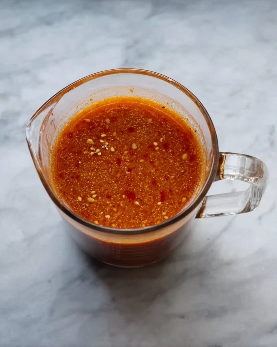A clear glass measuring cup filled with an orange-red sauce that has visible small seeds and spice bits. The sauce has a thick, slightly grainy texture, filling the cup almost to the top. The measuring cup is set on a white marbled surface. Photo taken with an iphone --ar 4:5 --v 7