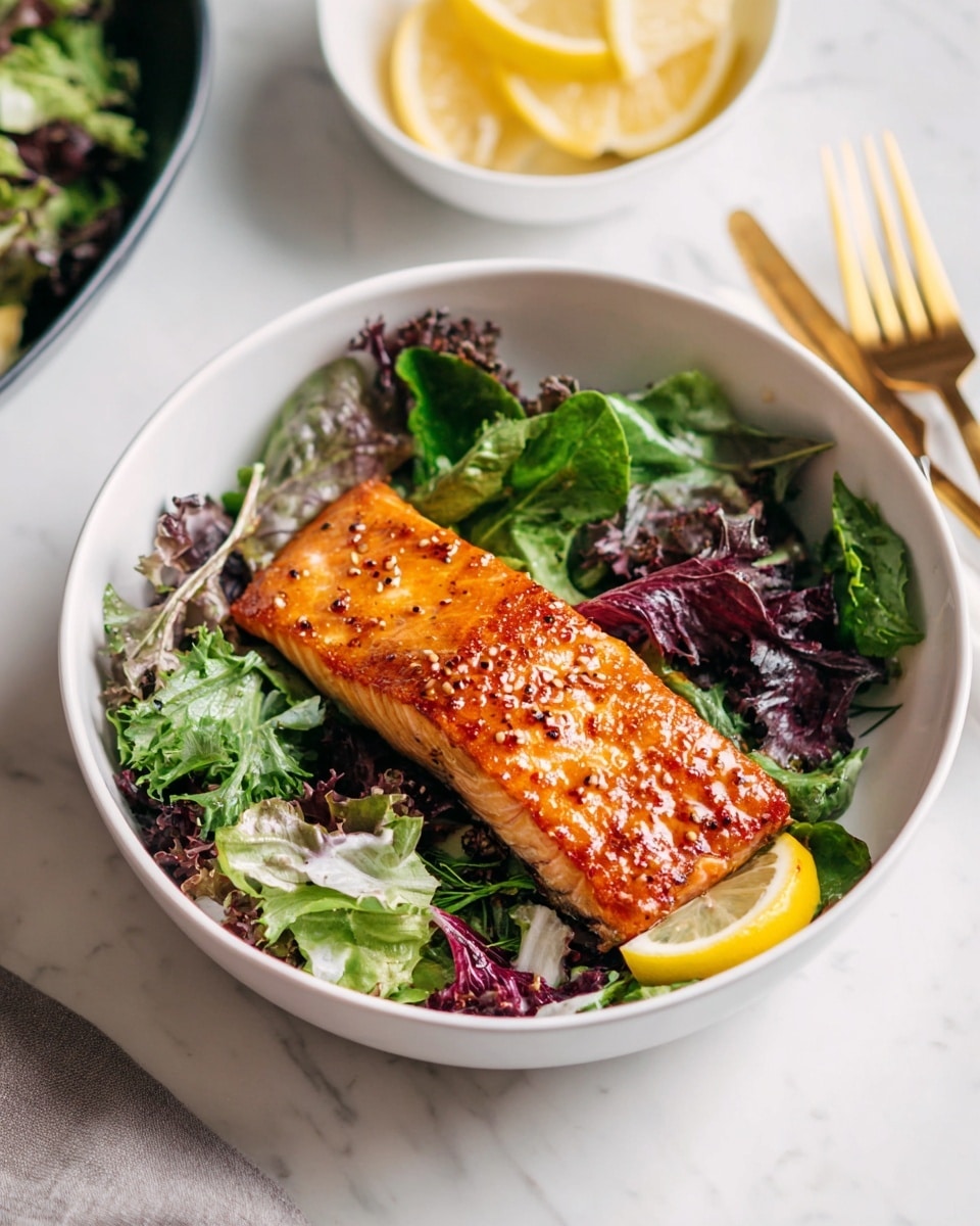 A white bowl sits on a white marbled surface, filled with a bed of mixed leafy greens in different shades of green and purple, with rough and curly textures. On top lies a nicely cooked rectangular piece of salmon, its surface golden brown with a slightly spicy orange glaze showing small seeds and spices. A thin slice of lemon peeks out near the edge of the salmon, adding a pop of yellow. Nearby, there is a white bowl containing lemon wedges and the handle of a gold and white fork rests beside the bowl. photo taken with an iphone --ar 4:5 --v 7