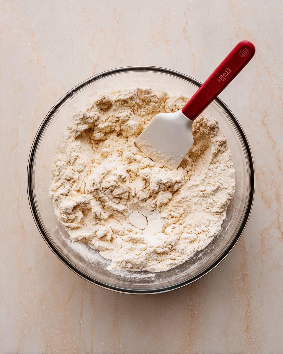 A clear glass bowl sits on a white marbled surface, filled with a mixture of white flour and a light beige liquid. The ingredients are partially combined, creating a rough, uneven texture with pockets of dry flour on top. A white spatula with a red handle is placed inside the bowl, resting on the mixture as it stirs. The overall scene looks like the early stage of mixing dough, with a contrast between the fluffy flour and the wet batter beneath. photo taken with an iphone --ar 4:5 --v 7