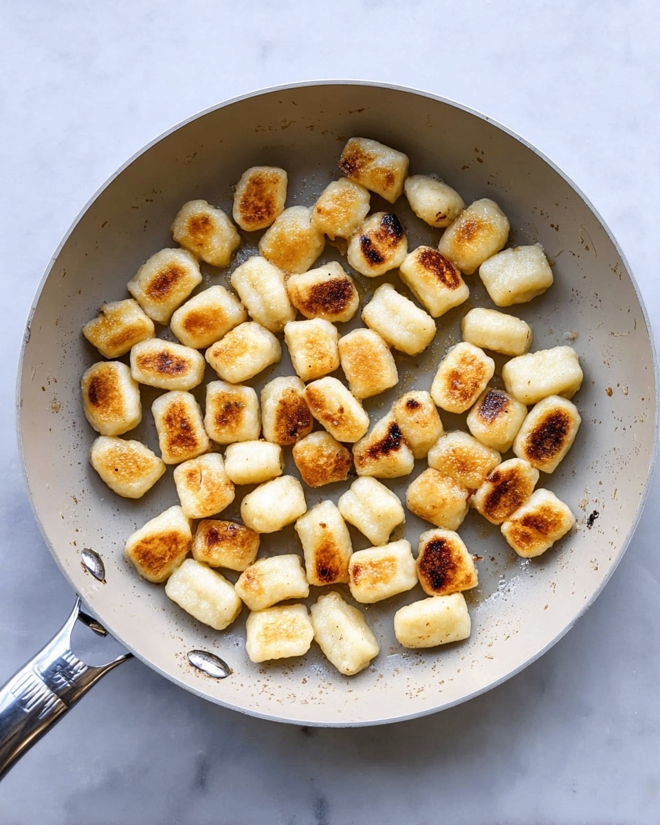 The image shows a white pan filled with small, golden brown gnocchi pieces that are lightly browned and crispy on the outside. The gnocchis are scattered evenly inside the pan with some showing a light char on their edges, creating a mix of soft white dough and caramelized spots. The pan has a silver handle with slight marks, and it sits on a white marbled surface, giving the whole scene a clean and bright look. photo taken with an iphone --ar 4:5 --v 7