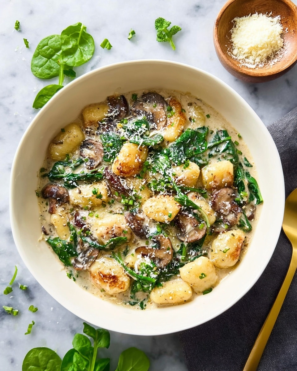 A white bowl filled with soft, golden-brown gnocchi pieces as the first layer, mixed with dark brown cooked mushroom slices and bright green wilted spinach leaves as the second layer, all covered in a creamy, light beige sauce with a slightly foamy texture on top. The dish is sprinkled with finely grated white cheese and small bits of green herbs scattered lightly over the surface. The bowl is placed on a white marbled surface, with some fresh flat green leaves on the side, a small wooden bowl filled with grated cheese in the top right corner, and a thin golden spoon resting next to the bowl. Photo taken with an iphone --ar 4:5 --v 7
