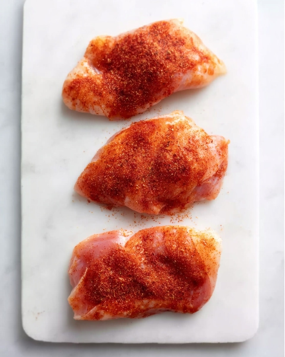 The image shows three raw chicken pieces placed on a white marbled surface. Each piece is laid flat, spaced evenly in a vertical line. The chicken looks fresh, with a light pink color, and is covered with a layer of reddish spice powder, giving it a slightly rough texture. There are no other items or decorations around the chicken pieces. The clean, simple setup highlights the seasoned chicken with no distractions. photo taken with an iphone --ar 4:5 --v 7